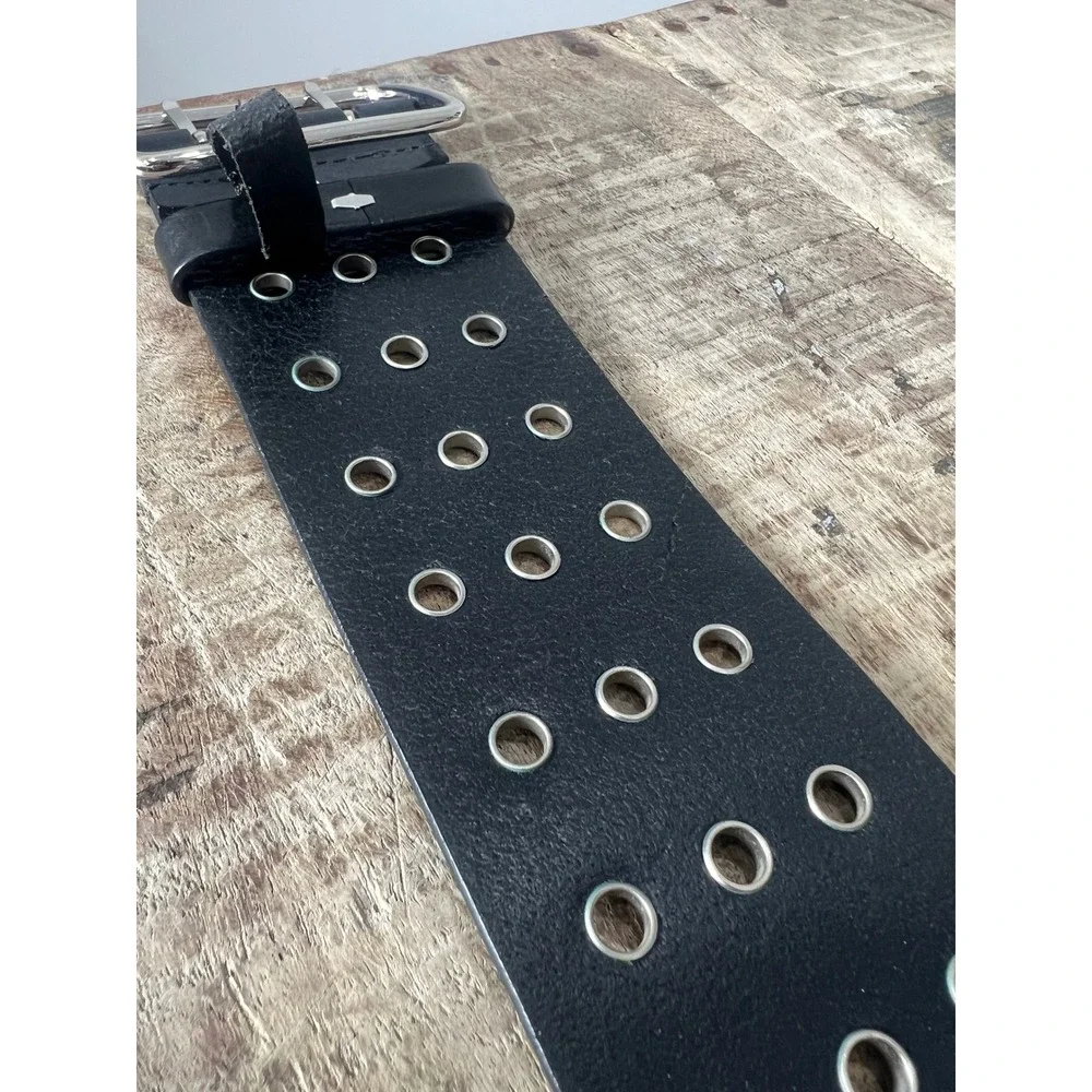 Black Faux Leather Wide Triple Row Grommet Square Stud Belt Double Prong Buckle